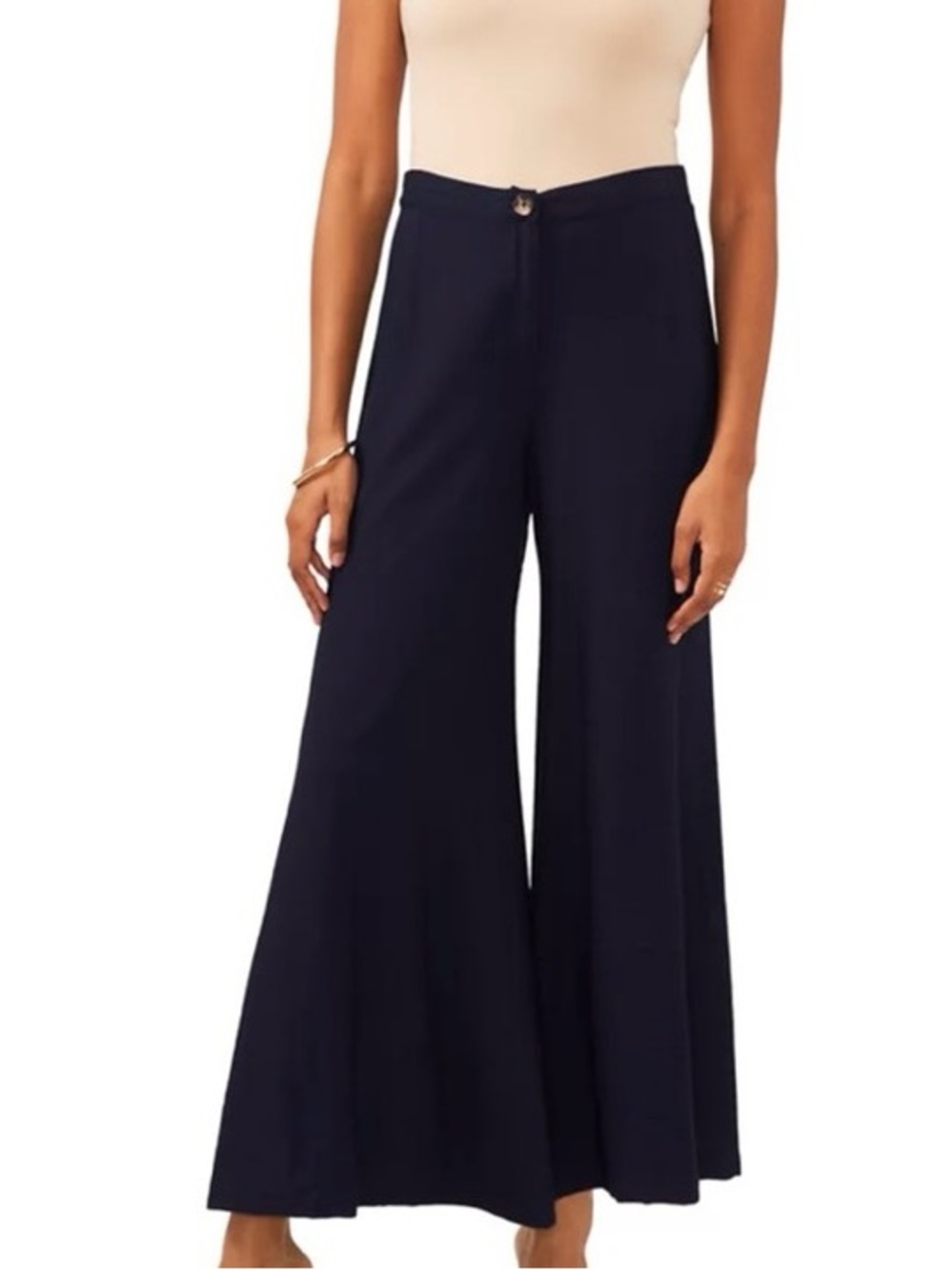 NWT Vince Camuto Women’s L Elastic-Back Wide Leg Twill Pants Trousers Navy